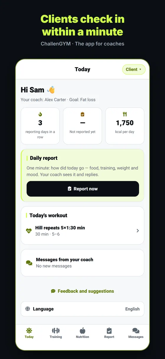 Client home screen in ChallenGYM showing today’s cardio workout, hill repeats, and the daily report button